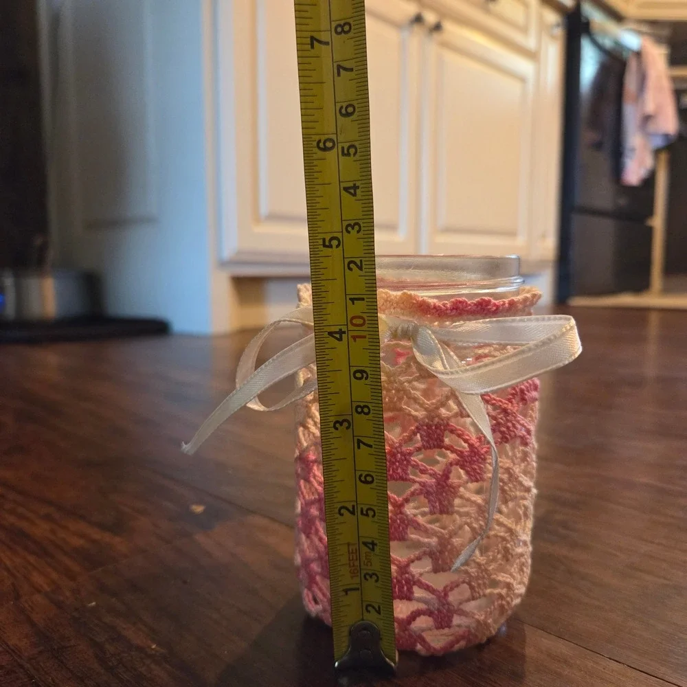 Handmade Pink Ombre Crochet Mason Jar Cover with Ribbon Lace Vase Decor